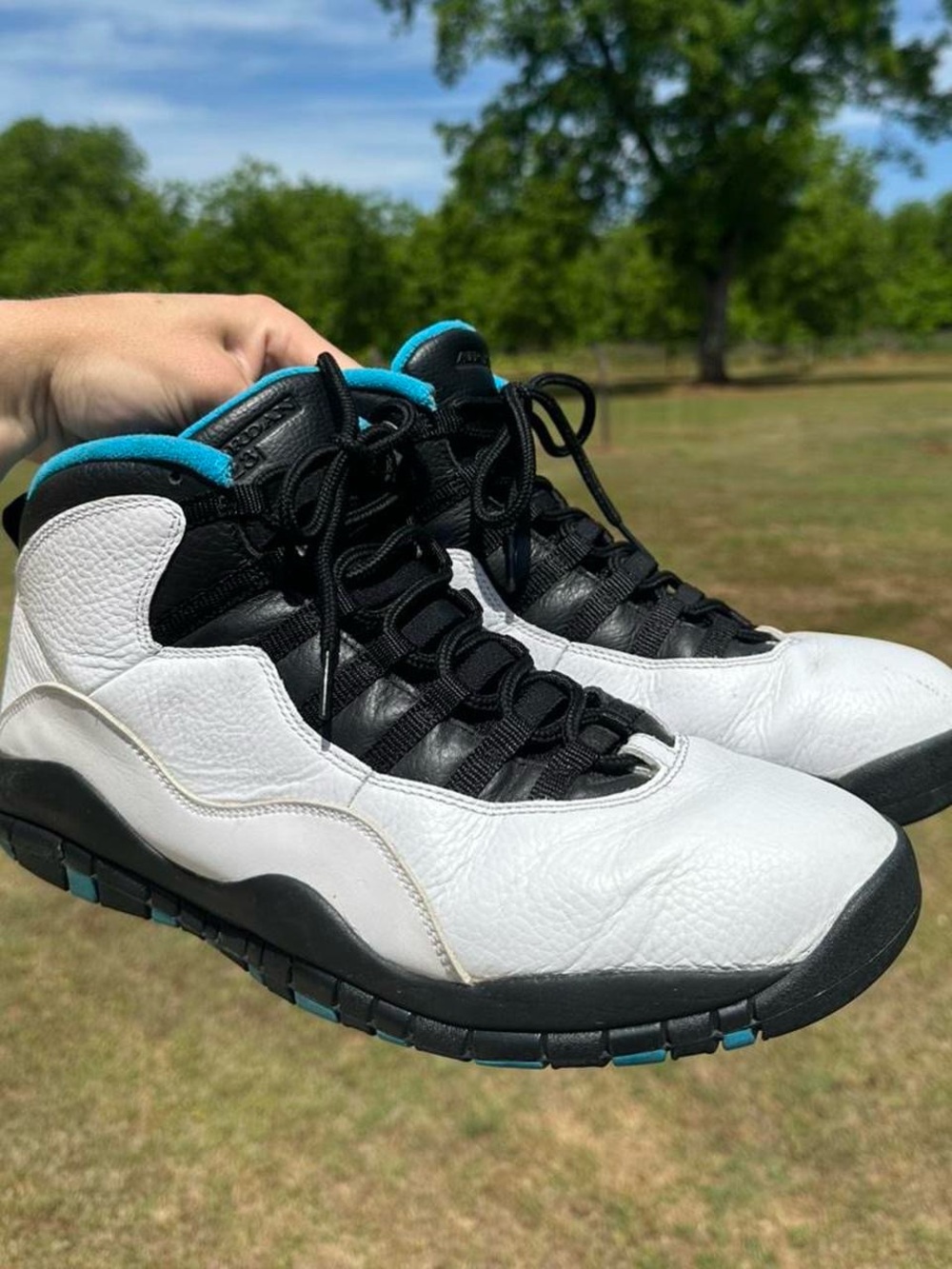 Air Jordan 10 Powder Blue Men's White and Black High-Top Sneakers with Teal Trim